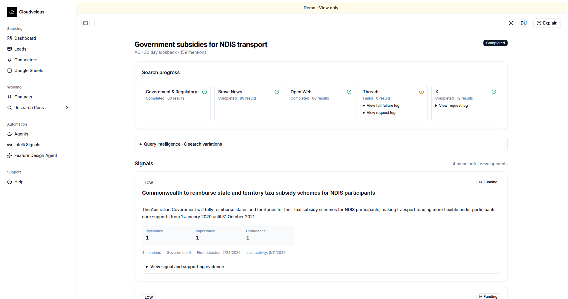 Search progress panel showing five sources, one of which failed independently of the others