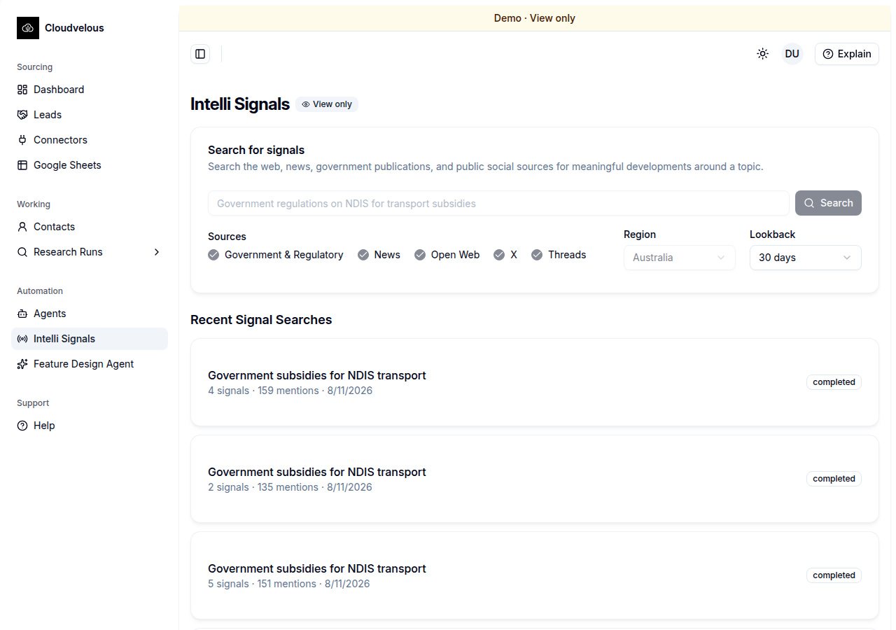 Intelli Signals search form with topic input, source checkboxes, region, and lookback controls